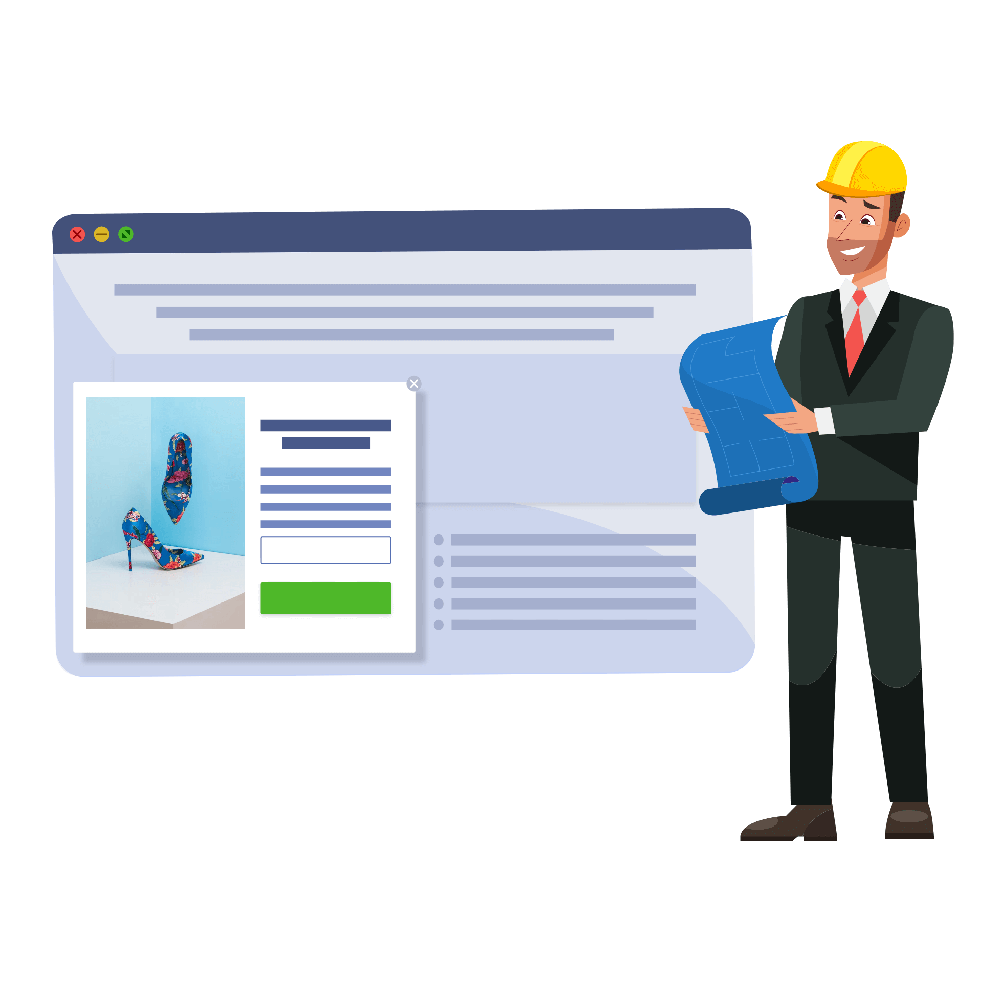 A professional engineer next to a website with a pop-up. Illustration.